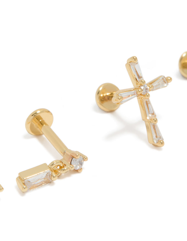 Featuring dainty bar and cross studs with baguette stone cut in gold plated brass featuring flat back closure and 2-pack close up view