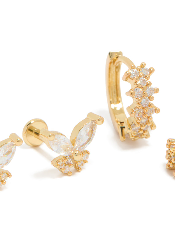 Showcasing gold plated brass butterfly flat back studs and huggie earrings pack close up view