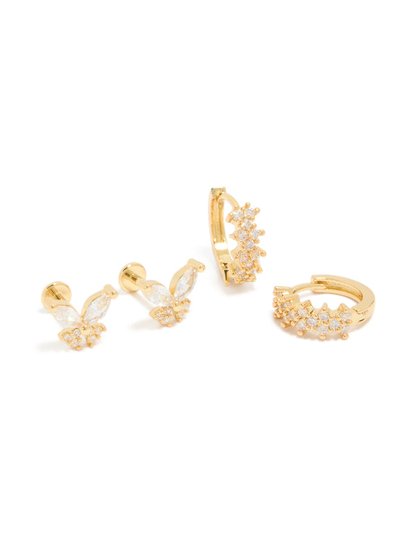 Discover this gold plated brass butterfly flat back studs and huggie earrings pack front view