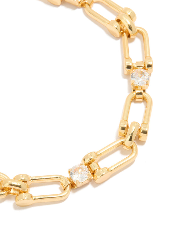 Elegantly designed gold plated brass cubic zirconia padlock bracelet with statement style close up view