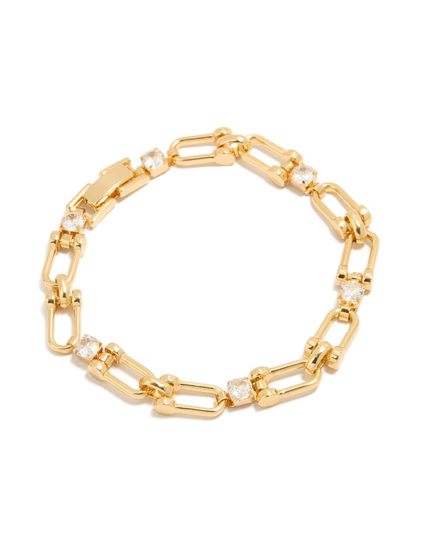 Beautifully crafted gold plated brass cubic zirconia padlock bracelet in statement style front view
