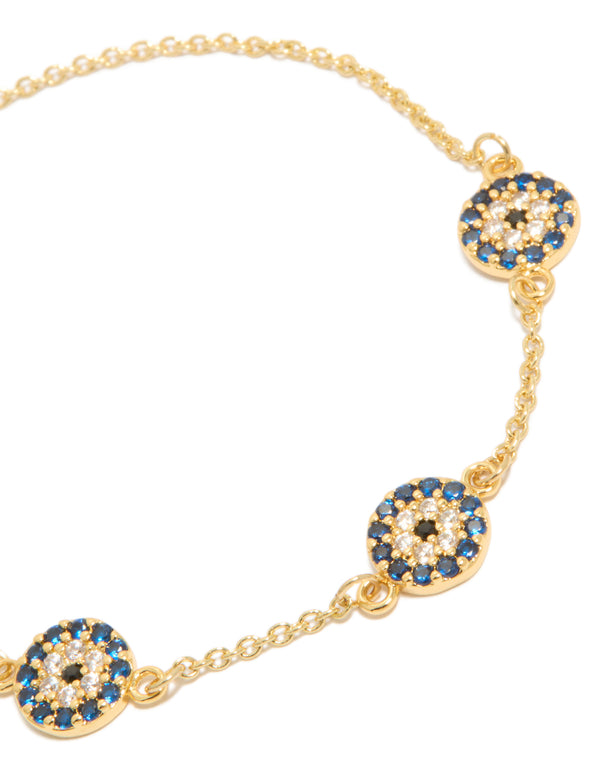 Crafted from gold plated material this evil eye station bracelet close up view