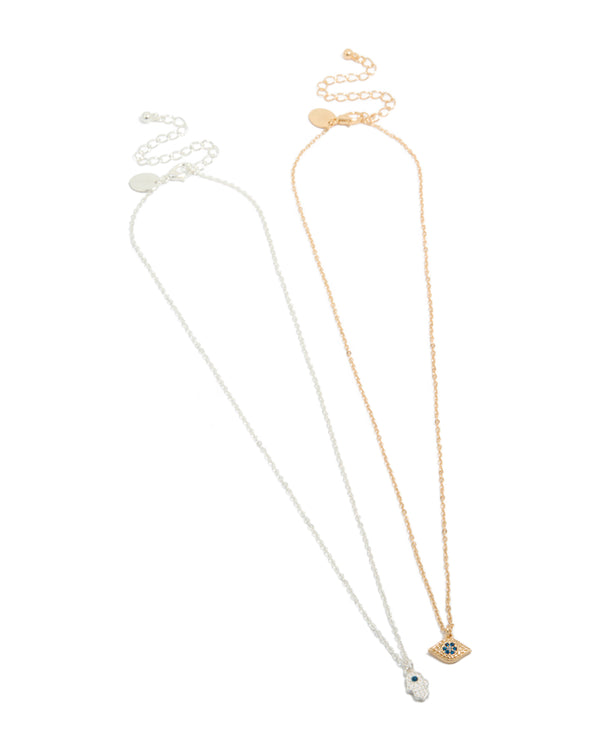 Mixed Metal Evil Eye & Hamsa Hand Necklaces 2-Pack