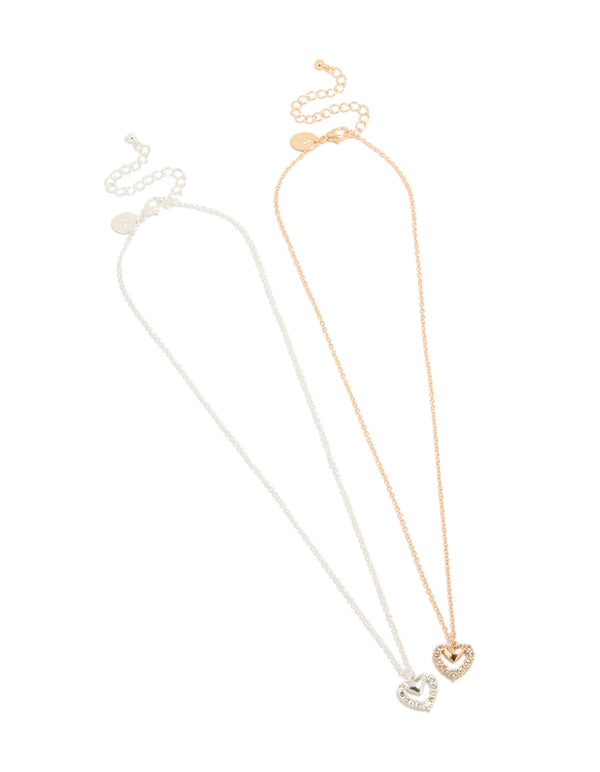 Elegant heart diamante pendant necklaces in gold and silver 2-pack set front view