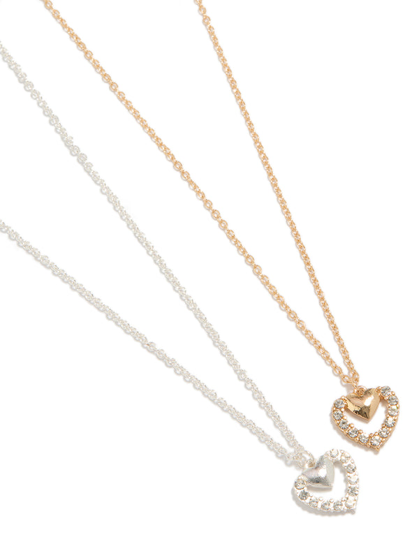 Discover charming heart pendant diamante necklaces in a 2-pack featuring mixed gold and silver metals with delicate chain close up view