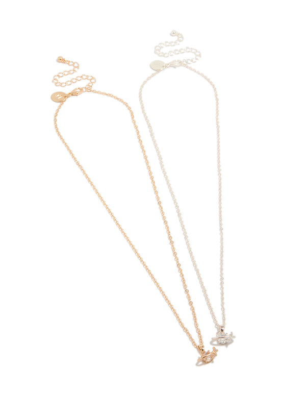 Explore mixed metal planet necklaces with celestial in gold and silver 2-pack front view