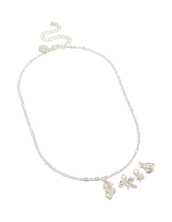 Silver Bow Heart Pearl Charm Necklace