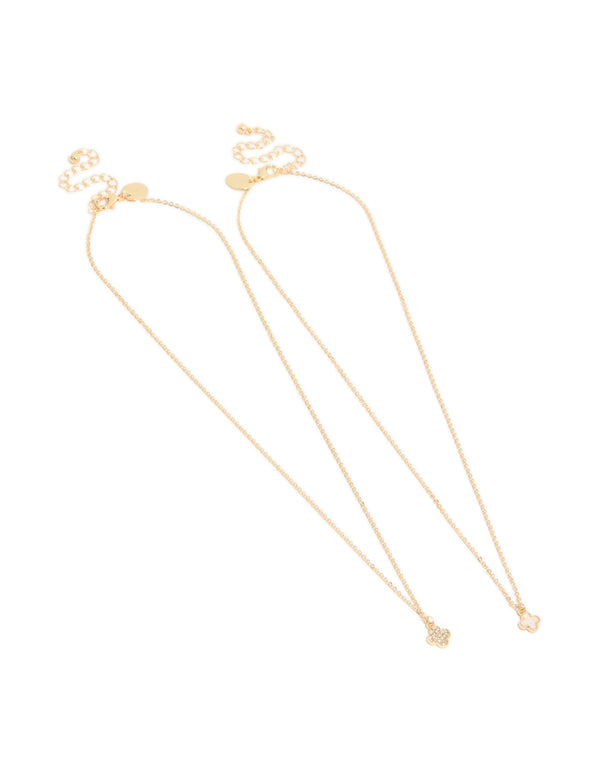 Gold Diamante & Smooth Flower Necklaces 2-Pack