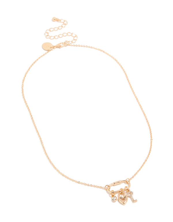 Gold Heart Lock & Key Charms Necklace