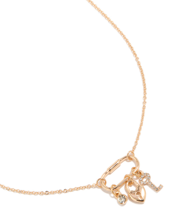 Gold Heart Lock & Key Charms Necklace
