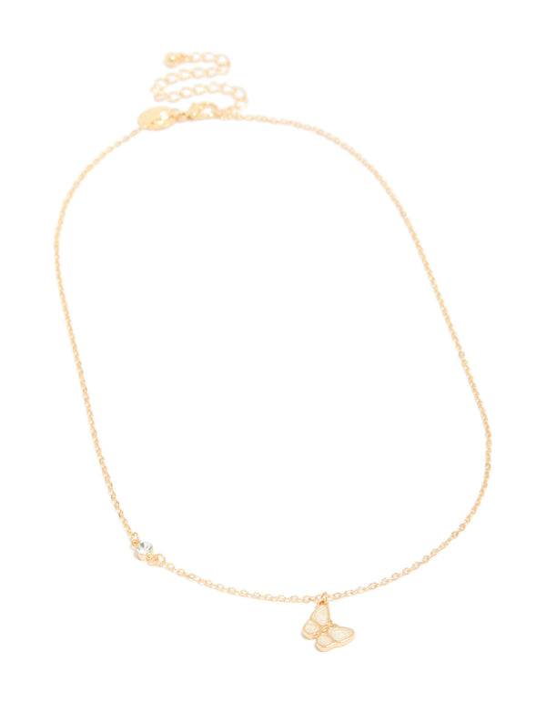 Gold Diamante & Butterfly Pendant Necklace