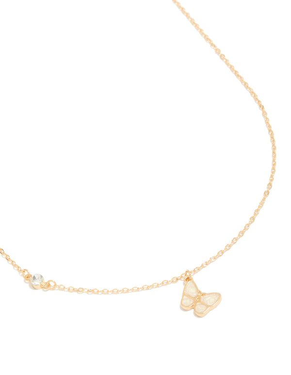 Gold Diamante & Butterfly Pendant Necklace