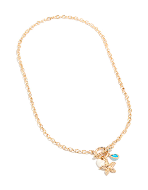 Gold Starfish Heart & Blue Diamante Charms Necklace