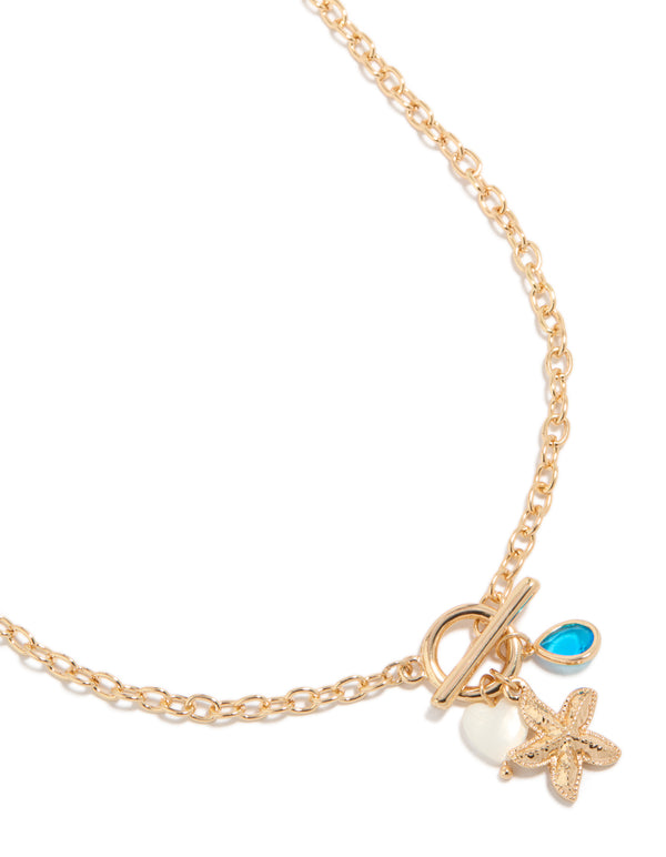Gold Starfish Heart & Blue Diamante Charms Necklace