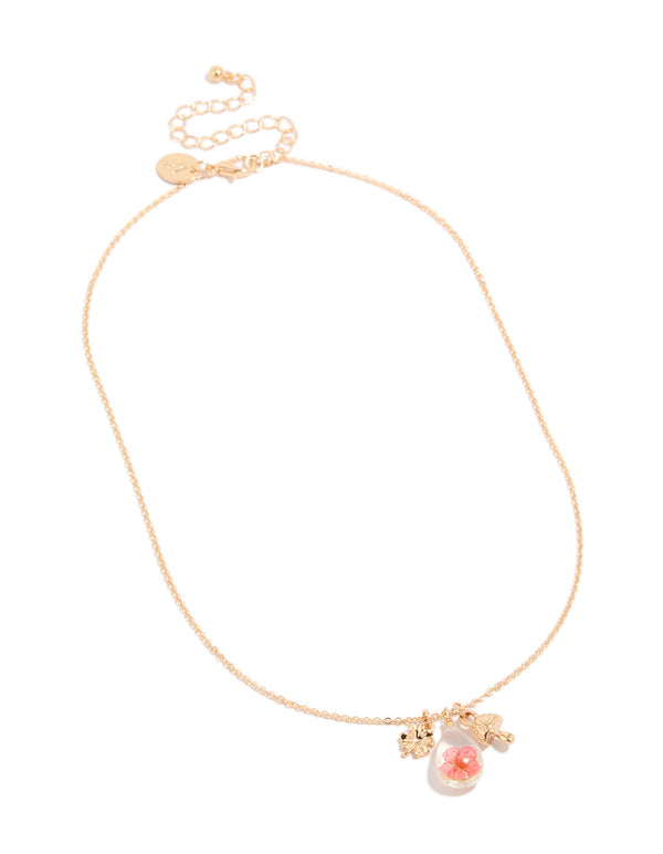 Gold Mushroom & Floral Charms Necklace