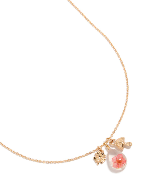 Gold Mushroom & Floral Charms Necklace