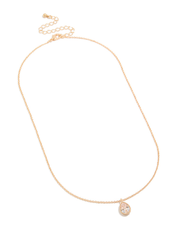 Featuring a gold cubic zirconia teardrop pendant necklace front view