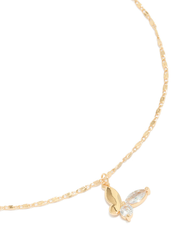 Showcase your style with a half smooth half diamante butterfly pendant crafted from crystal in gold close up view