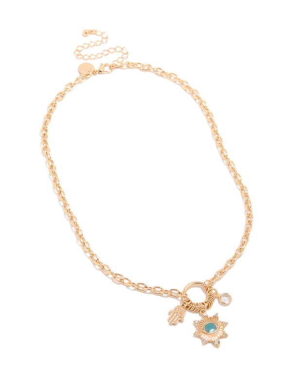 Gold Evil Eye & Hamsa Hand Charms Necklace