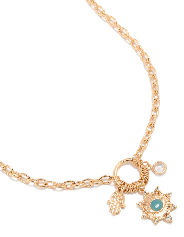 Gold Evil Eye & Hamsa Hand Charms Necklace
