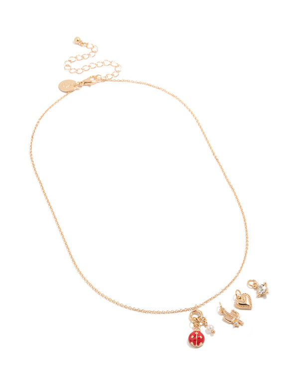 Gold Ladybug & Cactus Charms Necklace