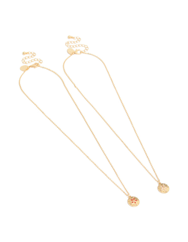 These gold flower disc necklaces 2-pack featuring dainty pendants front view