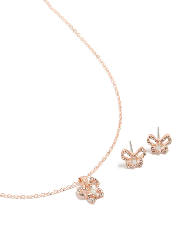 Rose Gold Diamante Butterfly Stud Earrings & Necklace Set