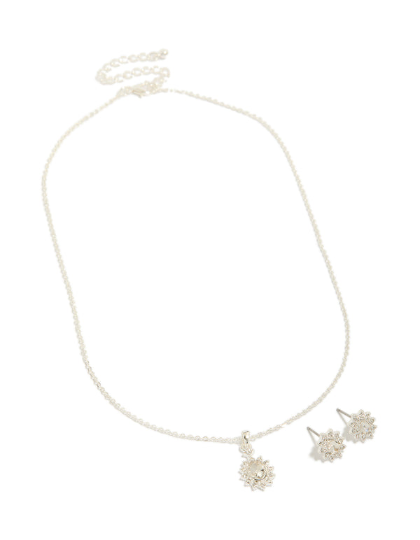 Silver Vintage Diamante Necklace & Earrings Set
