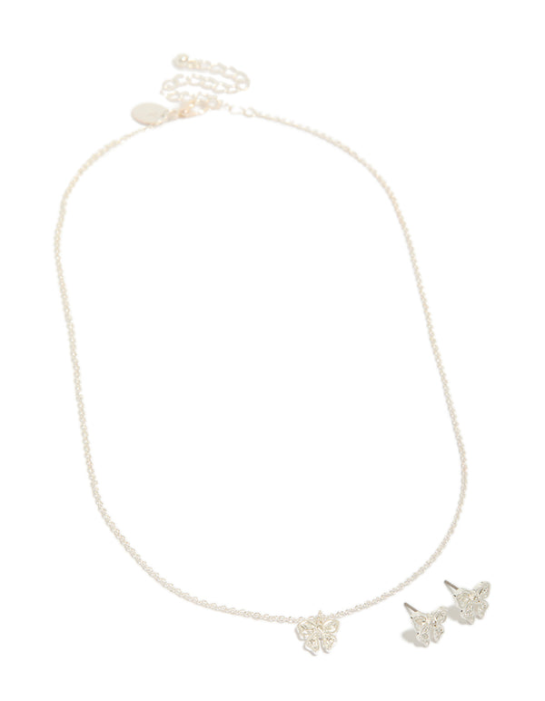 Silver Diamante Bow Necklace & Earrings Set