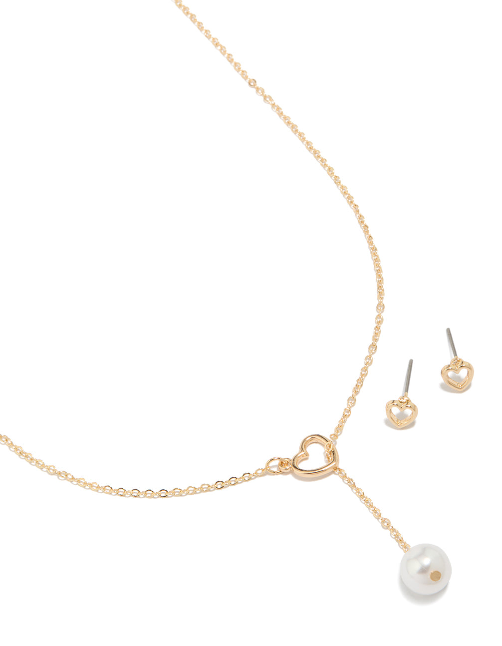 Gold Heart Pearl Necklace & Heart Earrings Set