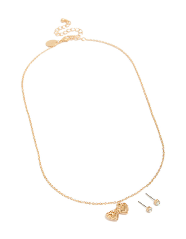 Gold Diamante Heart Locket Necklace & Circle Diamante Earrings Set