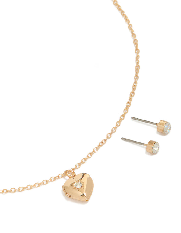 Gold Diamante Heart Locket Necklace & Circle Diamante Earrings Set