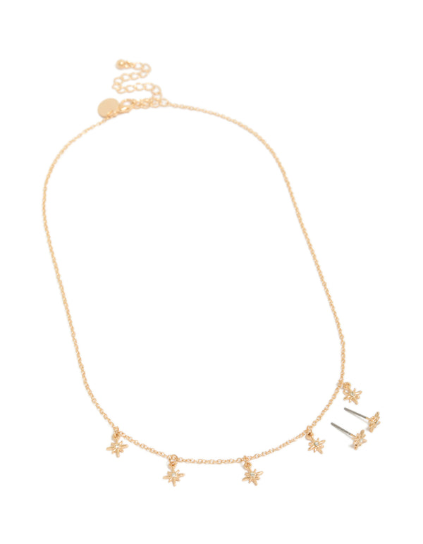 Gold Star Charm Necklace & Star Earrings Set