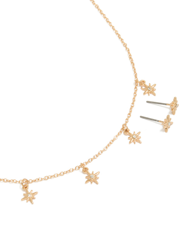 Gold Star Charm Necklace & Star Earrings Set