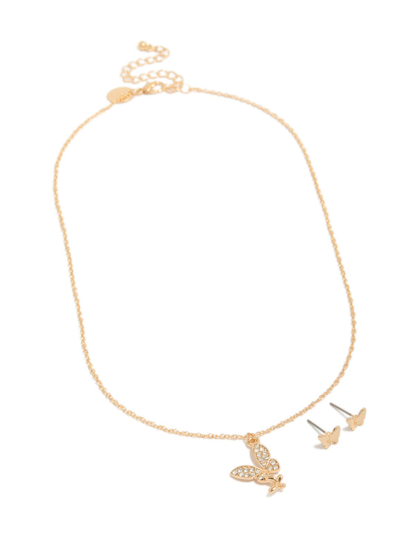 Gold Diamante Butterfly Pendant Necklace & Earrings Set