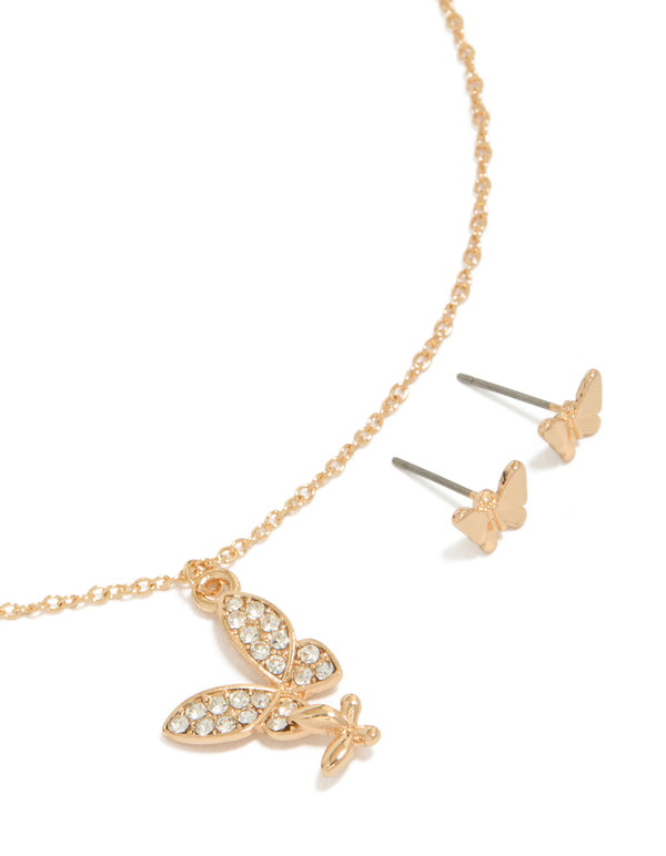 Gold Diamante Butterfly Pendant Necklace & Earrings Set