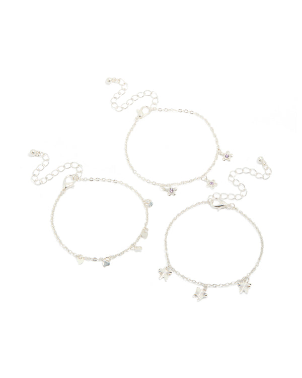 Showcasing silver dainty garden bracelets in a 3-pack featuring butterfly, floral and heart charms front view