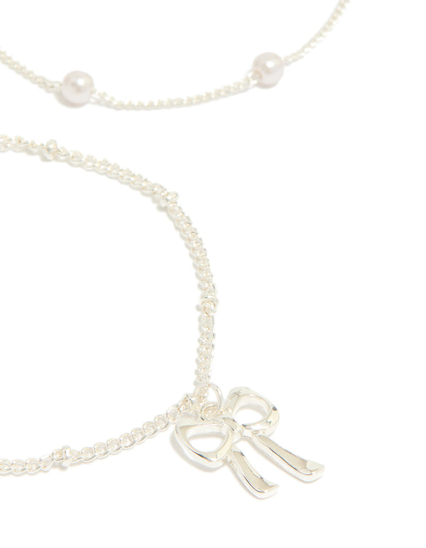 Silver Pearl & Bow Charm Bracelets 3-Pack