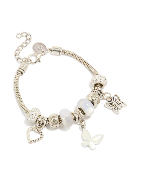 Silver Butterfly & Heart Charms Bracelet