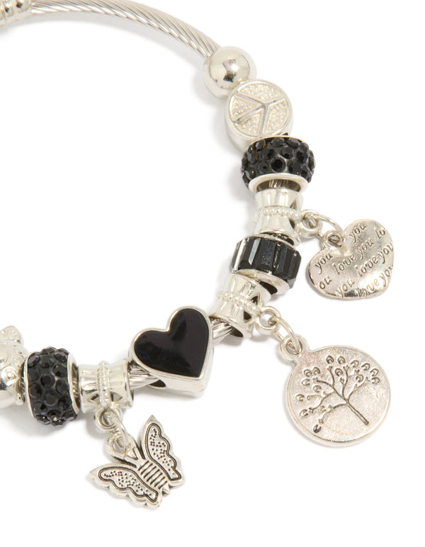 Silver Black Beaded Heart & Tree Charms Bracelet