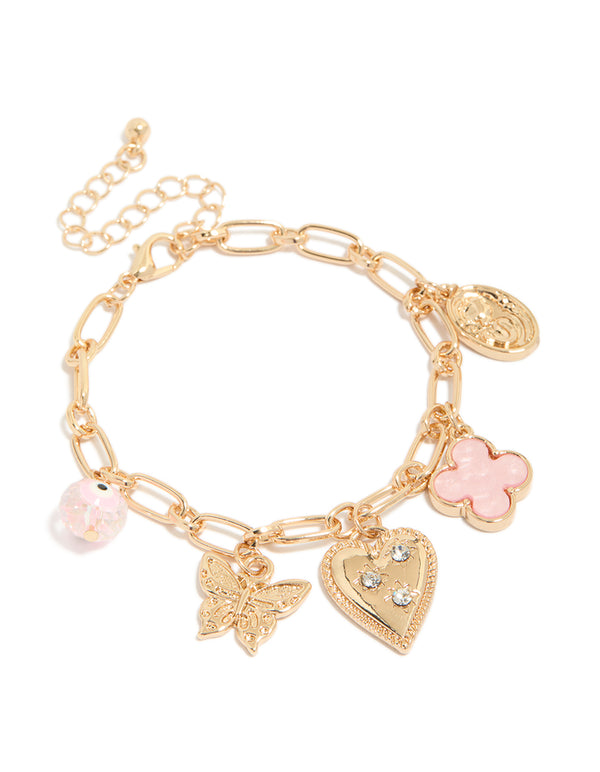 Gold Diamante Heart & Pink Flower Charm Bracelet