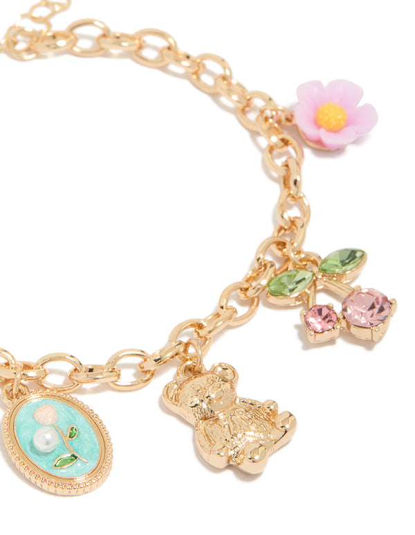Gold Bear & Rose Charm Bracelet