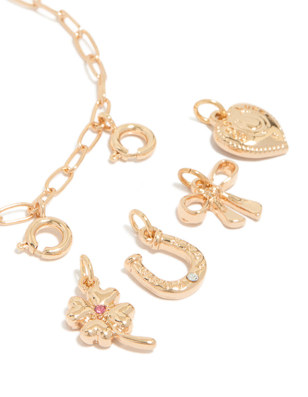 Gold Horseshoe & Four Leaf Clover Charm Bracelet