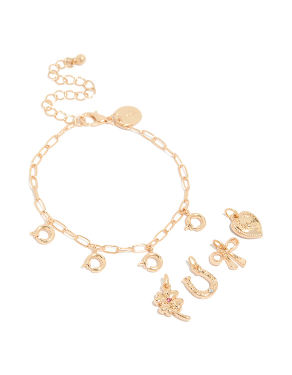 Gold Horseshoe & Four Leaf Clover Charm Bracelet