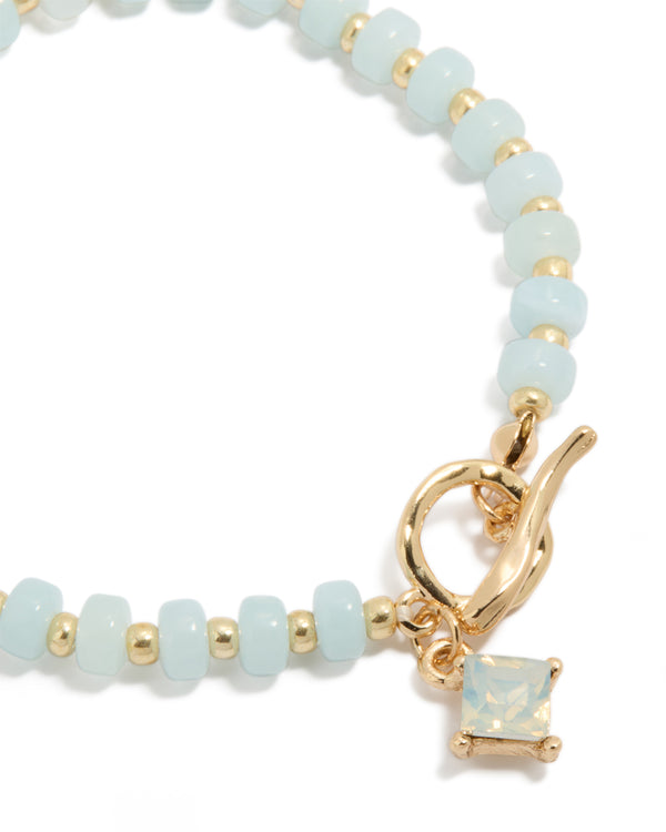 Gold Light Blue Beaded & Diamante Charm Stretch Bracelet