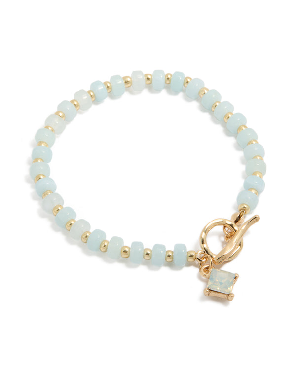 Gold Light Blue Beaded & Diamante Charm Stretch Bracelet