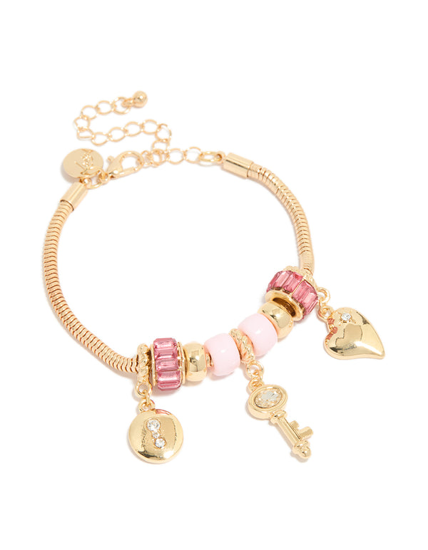 Gold Key & Lock Heart Charm Bracelet