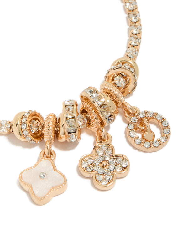 Gold Diamante Flower Charms Tennis Bracelet