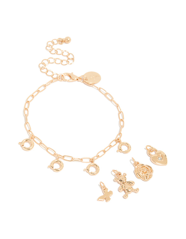 Gold Bear & Heart Lock Charm Bracelet
