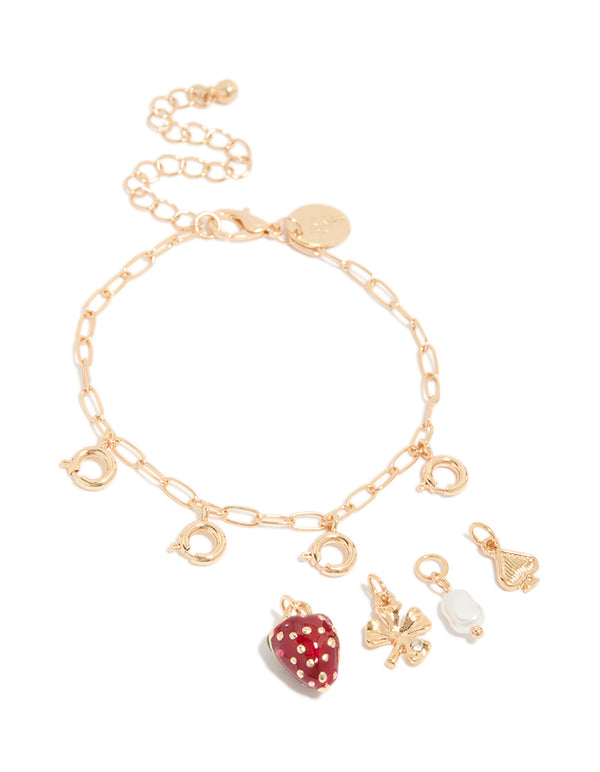 Gold Strawberry & Club Charm Bracelet